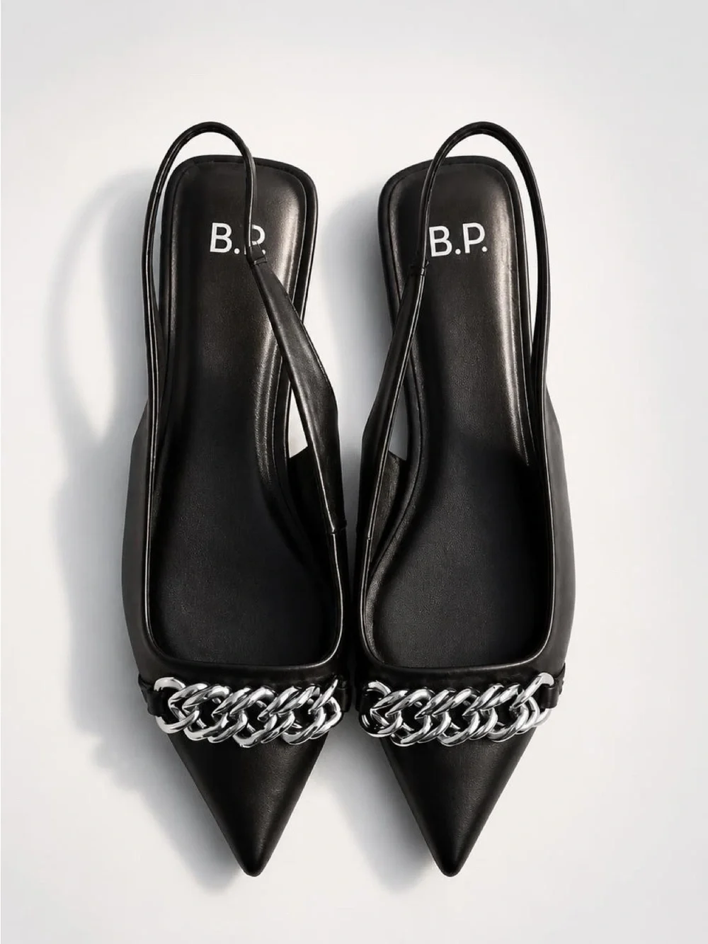 bp Black Pointed Slingback Flats with Silver Chain Accent